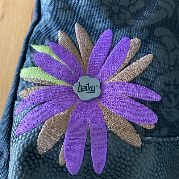 Haiku Purple Daisy Purse Shoulder Bag by Sharon Eisenhauer Black Canvas Leather - Picture 3 of 9